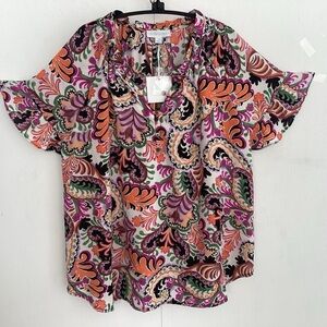 CYNTHIA ROWLEY Plus Flowy Bright Paisley Partial Button Front Blouse Sz 1X NWT